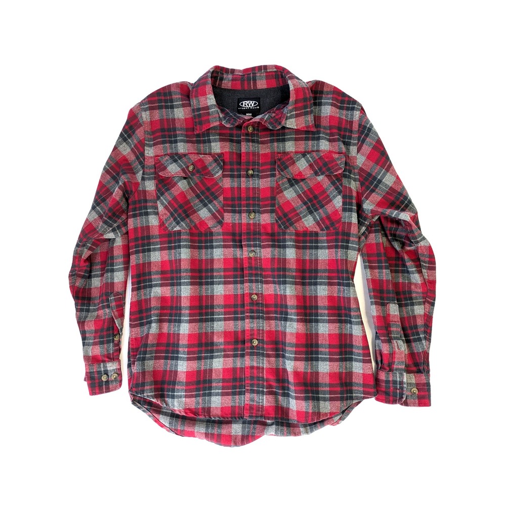 Rugged Wear Mens Plaid Flannel Shirt Red Grey Black Button Up Medium